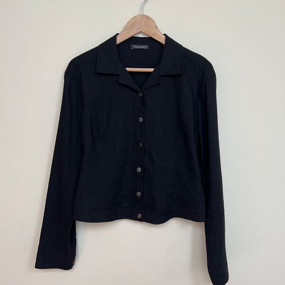 TAHARI Black Button-Front Long-Sleeve Linen Blend Jacket Women’s Large - Picture 6 of 9
